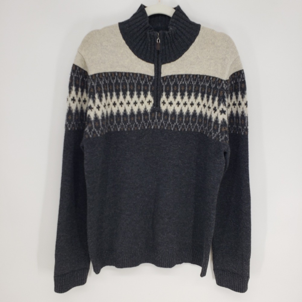 Sundance Fair Isle Quarter Zip Sweater Womens Sz L Lambswool Gray Wool Mock Neck